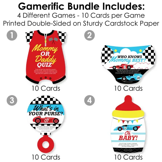 Big Dot of Happiness Let's Go Racing - Racecar - 4 Race Car Baby Shower Games - 10 Cards Each - - Gamerific Bundle {4}