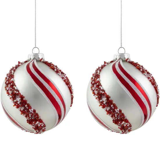 Northlight Peppermint Swirl Beaded Christmas Glass Ball Ornaments - 4" - White and Red - Set of 2 {1}