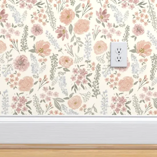 Peel & Stick Wallpaper 2FT Wide Blush Floral Muted Colors Sage Green Wildflower Meadow Feminine Custom Removable Wallpaper by Spoonflower {4}