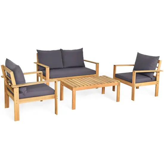 4 Piece Outdoor Acacia Wood Chat Set with Removable Cushions and Table Grey {3}