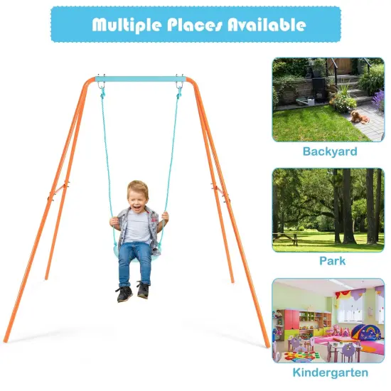 Outdoor Kids Swing Set with Heavy Duty Metal A-Frame and Ground Stakes Orange {5}