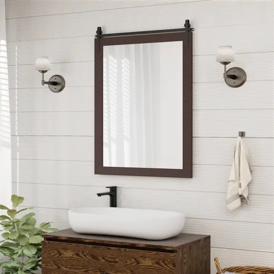 Costway 30''x22'' Wall Mount Mirror Decor Vanity Mirror Wood Frame Barn Door Style Black/Walnut {9}