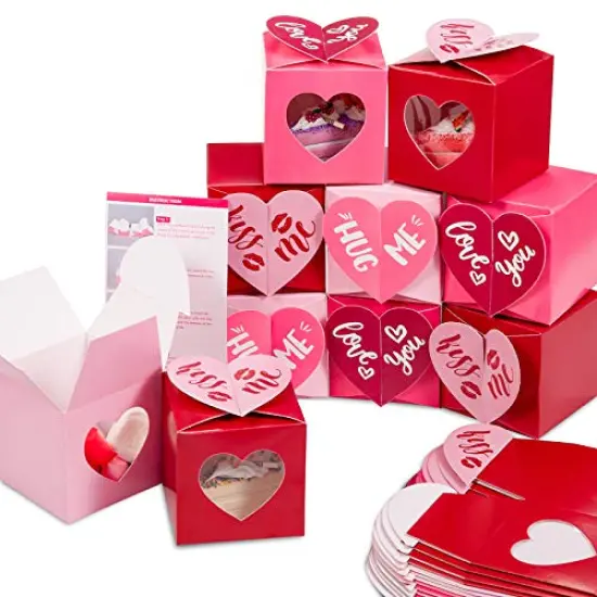 24 Pieces Valentine's Day Treat Boxes Red Rose Red Pink Heart Cardboard Box with Window 3 Inch Valentines Gift Container with Instruction for Goodie Cookie Candy Sweet Crafts Party Favor Supplies {2}