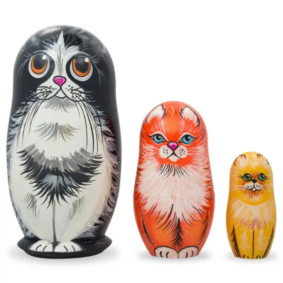Set of 3 Black, Red & Yellow Cats Wooden Nesting Dolls 4.25 Inches {1}