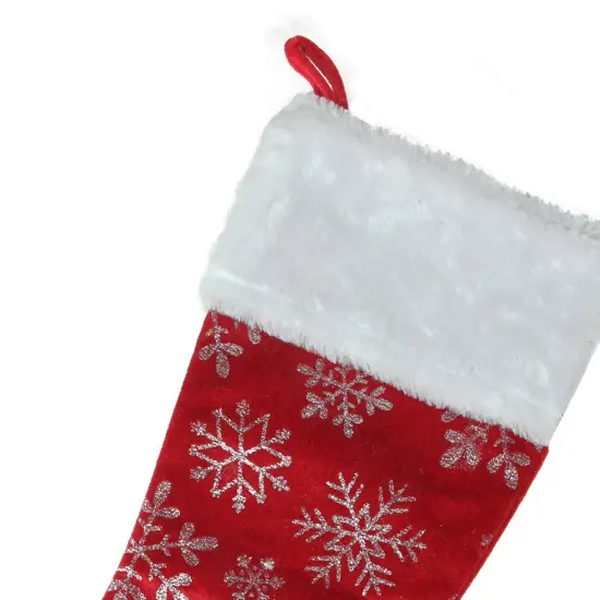 Northlight 20-Inch Red and Silver Glitter Snowflakes Christmas Stocking With a Faux Fur Accent {4}