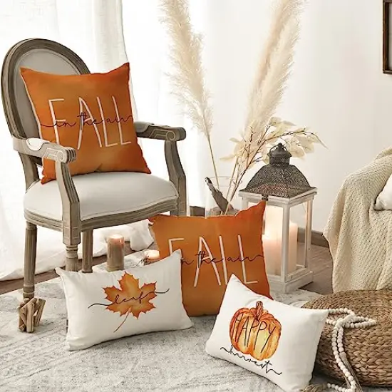 AVOIN colorlife Hello Pumpkin Fall Happy Harvest Maple Leaf Throw Pillow Covers, 18 x 18 Inch Pillows Autumn Seasonal Cushion Case for Sofa Couch Set of 4 {5}