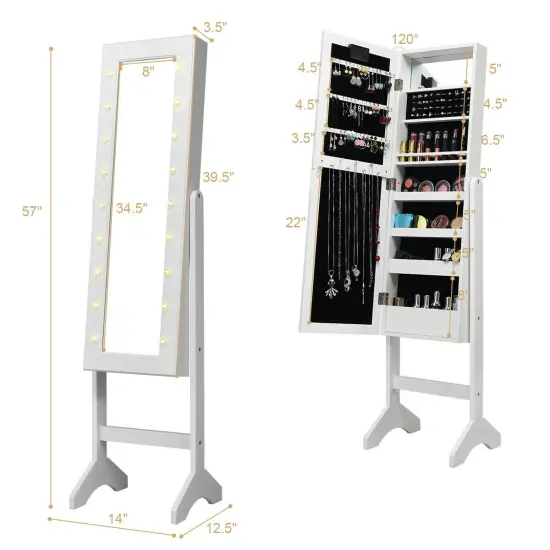 Freestanding Jewelry Organizer Cabinet Armoire with LED Lights and Full Length Mirror White {5}