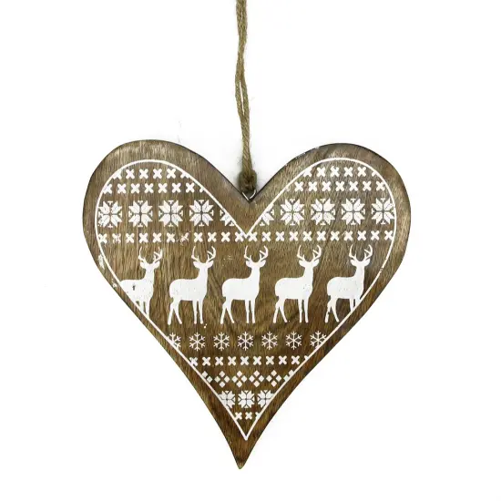Kaemingk 8.5" Alpine Chic Mango Heart with Reindeer and Snowflake Hanging Christmas Ornament Brown {1}