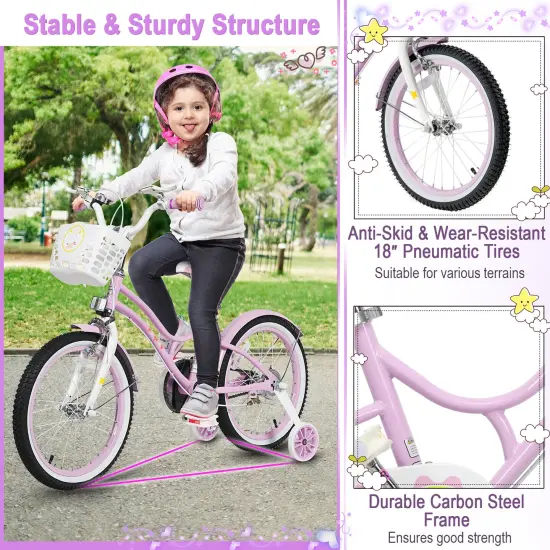 Babyjoy 18 Inch Kid Bike 95% Pre-Assembled Girls Bicycle with Training Wheels & Basket Age 6-9 Years Old Pink/Purple {6}