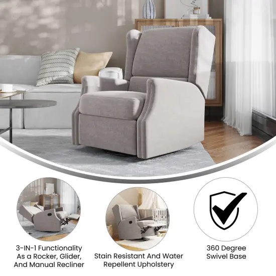 Merrick Lane Abby 3-in-1 Wingback Manual Recliner Rocker Swivel Glider Chair Light Gray {2}