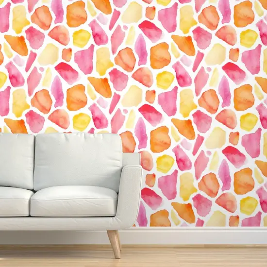 Peel & Stick Wallpaper 2FT Wide Watercolor Pink Orange Yellow Bright Whimsical Animal Print Custom Removable Wallpaper by Spoonflower {5}