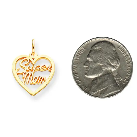 10K Yellow Gold Super Mom in Heart Charm Mother Jewelry 20mm x 16mm {2}