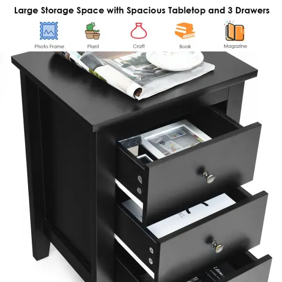 2 pcs Nightstand End Beside Table Drawers Black {5}