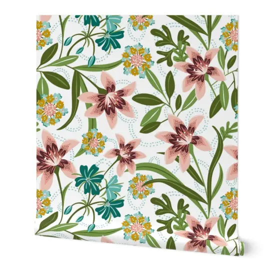 Peel & Stick Wallpaper 2FT Wide Boho Tropical Multicolor Flowers Modern Botanical Lily Lilies Summer Tiger Pink Custom Removable Wallpaper by Spoonflower {7}