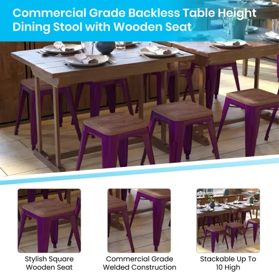 Emma and Oliver Set of Four Table Height Backless Stacking Welded Iron Stools with Wooden Seats and Under Seat Bracing for Indoor Use Purple {2}
