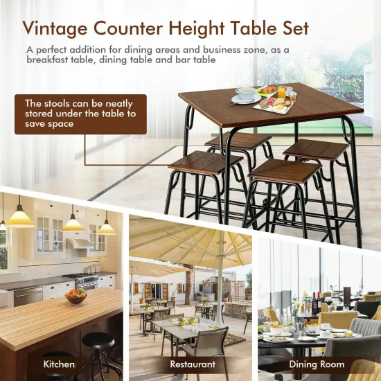 5 Pieces Bar Table Set with 4 Counter Height Backless Stools-Rustic Brown {3}