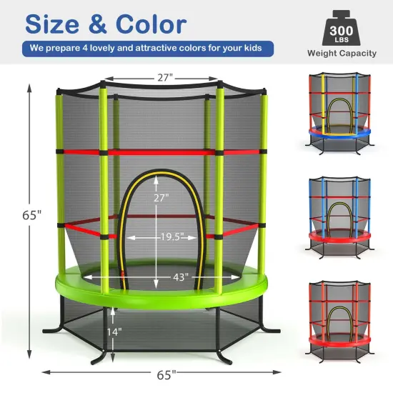 55 Inch Kids Recreational Trampoline Bouncing Jumping Mat with Enclosure Net Green {5}