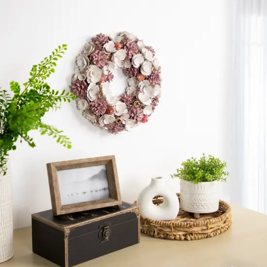 Northlight 13" White and Pink Wooden Floral Christmas Wreath with Pinecones {3}