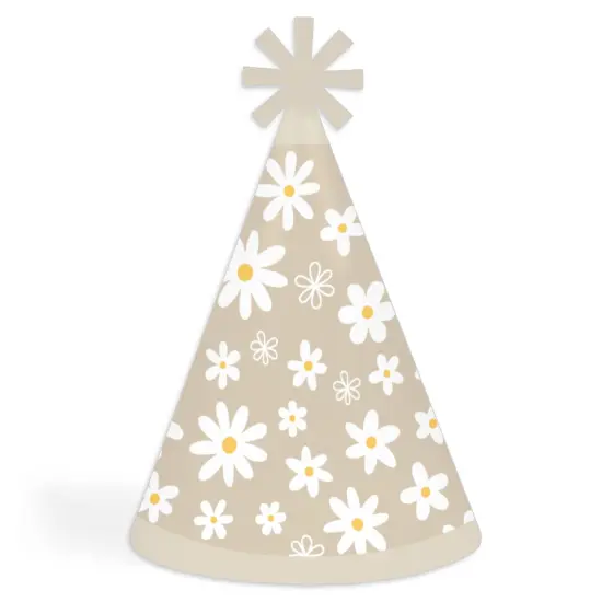 Big Dot of Happiness Tan Daisy Flowers - Cone Happy Birthday Party Hats for Kids and Adults - Set of 8 (Standard Size) {1}