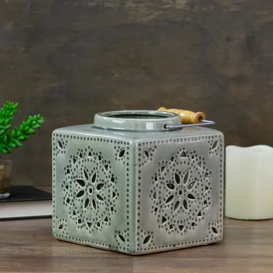 Koopman International 6.75" Light Olive Green Square Crackle Finish Mosaic Cut Out Lantern {3}