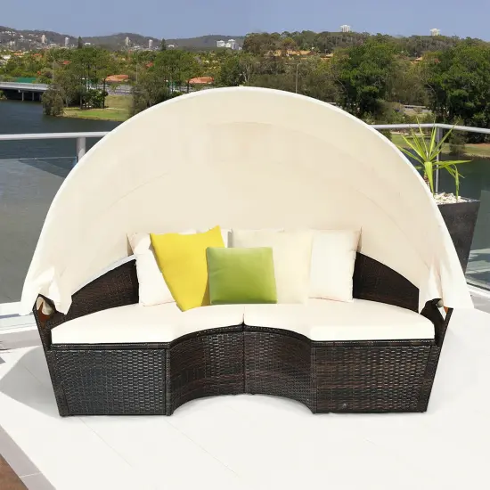 Costway Patio Rattan Daybed Cushioned Sofa Adjustable Table Top Canopy W/3 Pillows {3}