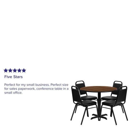 Emma and Oliver 36" Round Laminate X-Base Table Set with 4 Banquet Chairs NaturalTop/BlackVYL {5}