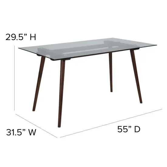 Merrick Lane Meriden 31.5" x 55" Rectangular Solid Wood Table with Glass Top Clear/Walnut {5}