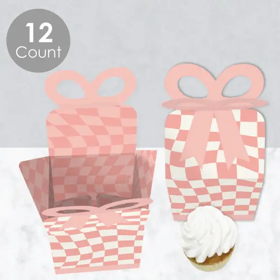 Big Dot of Happiness Pink Checkered Party - Square Favor Gift Boxes - Bow Boxes - Set of 12 {4}