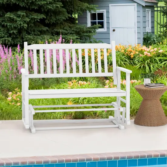 2 Seats Outdoor Glider Bench With Armrests And Slatted Seat-White {1}