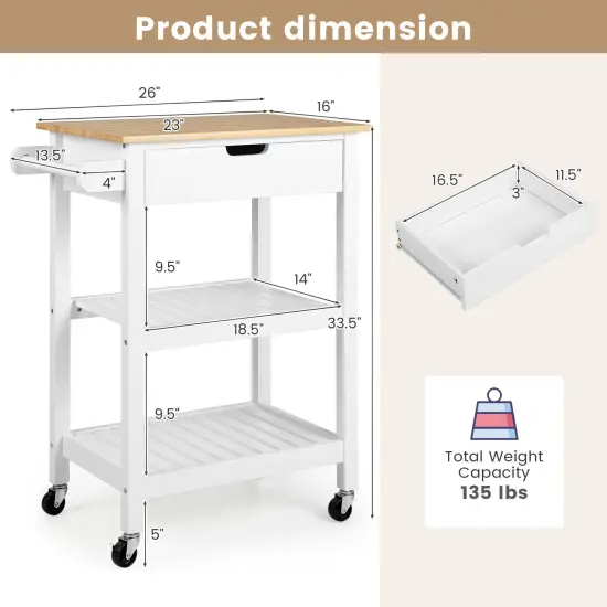 3-Tier Kitchen Island Cart Rolling Service Trolley with Bamboo Top White {5}