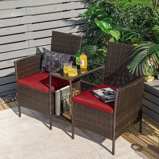 Patio Rattan Wicker Conversation Set Sofa Cushioned Loveseat Glass Table Red {1}