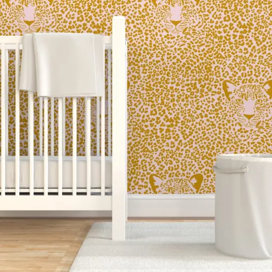 Pre-Pasted Wallpaper 2FT Wide Pink Leopard Mustard Yellow Jumbo Animal Print Bold Spots Custom Pre-pasted Wallpaper by Spoonflower {7}