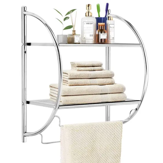 Costway Wall Mounted Bathroom Shelf with 2 Tier Bathroom Towel Rack 2 Towel Bars for Hotel White/Sliver {1}