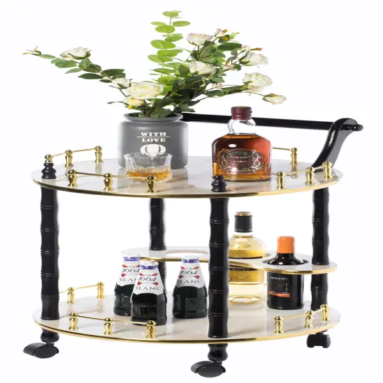 Round Wood Serving Bar Cart Tea Trolley with 2 Tier Shelves and Rolling Wheels White {1}