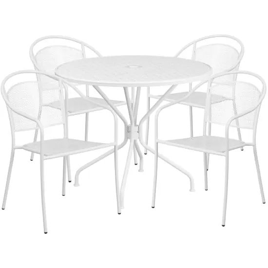 Emma and Oliver Commercial 35.25" Round Metal Garden Patio Table Set w/ 4 Round Back Chairs Black {6}