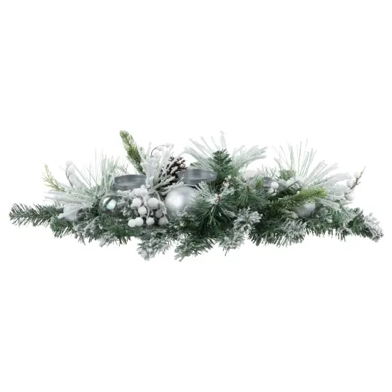 Northlight Flocked Pine Triple Candle Holder with Iridescent Christmas Ornaments - 30" White {7}