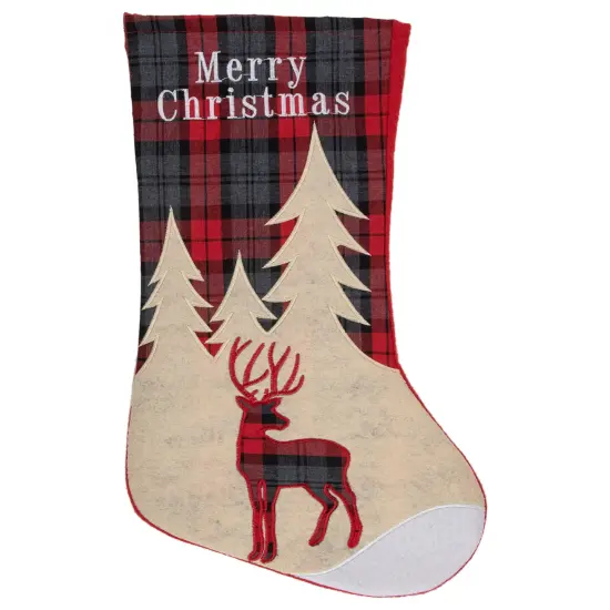 Northlight 19" Green and Red Plaid Reindeer With Forest Trees Christmas Stocking Beige {1}