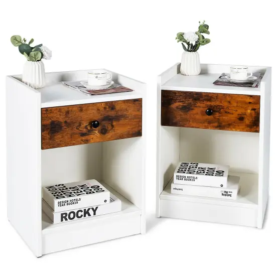 Set of 2 End Side Table Nightstand with Sliding Drawer and One Open Compartment White {4}