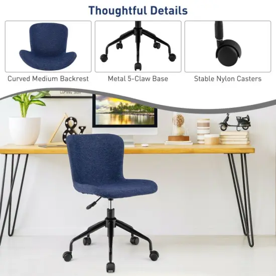 Mid Back Armless Office Chair Adjustable Swivel Linen Task Chair Blue {4}