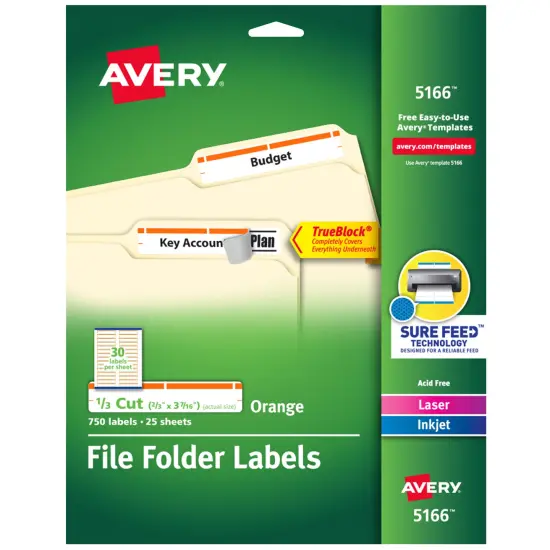 Avery TrueBlock File Folder Labels, 2/3" x 3-7/16", 750 Printable Labels, White/Orange (5166) {1}