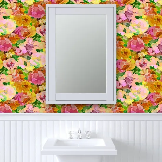 Pre-Pasted Wallpaper 2FT Wide Pink Floral Botanical Water Color Summer Spring Flowers Garden Meadow Impressionist Custom Pre-pasted Wallpaper by Spoonflower {6}