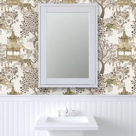Peel & Stick Wallpaper 2FT Wide Chinoiserie Pagoda Leopard Print Watercolor Neutral Brown Cream Large Scale Custom Removable Wallpaper by Spoonflower {6}