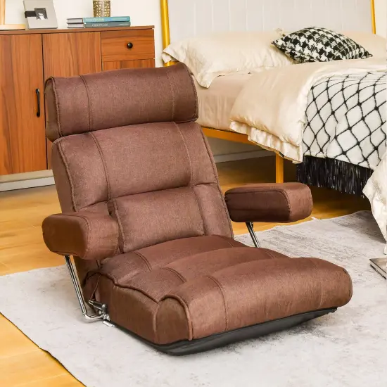 Foldable Floor Sofa Chair with 6-Position Adjustable Headrest and Metal Frame Brown {2}