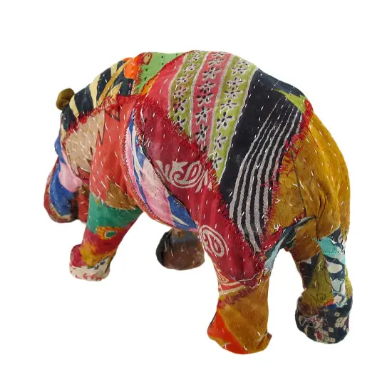 Vintage Sari Fabric Decorated Paper Mache Hippo Sculpture 6 in. {4}