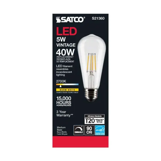 6Pk - Satco 5w ST19 LED 2700K Medium Base Dimmable - 40w equiv Warm White {6}
