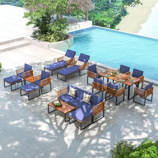 5-Piece Patio Acacia Wood Chair Set with Ottoman and Coffee Table-Navy {6}