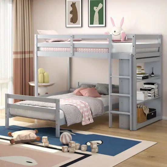 Twin Over Twin Loft Bunk Bed with Bookcase Grey {2}