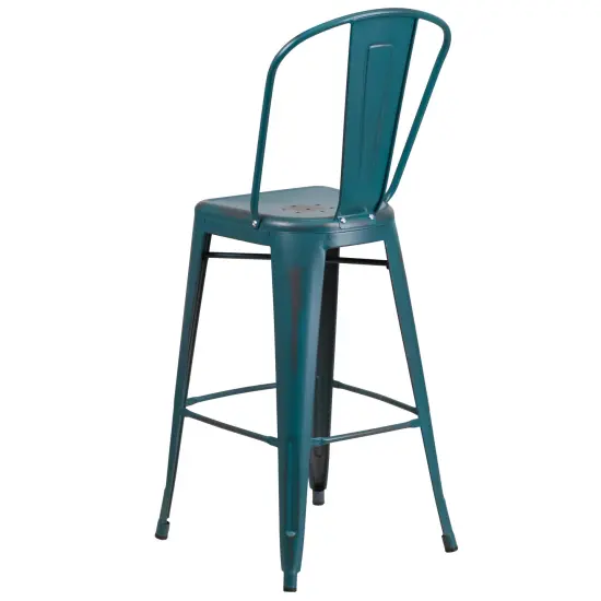 Emma and Oliver Commercial Grade 4 Pack 30" High Distressed Metal Indoor-Outdoor Barstool with Back Yellow {9}