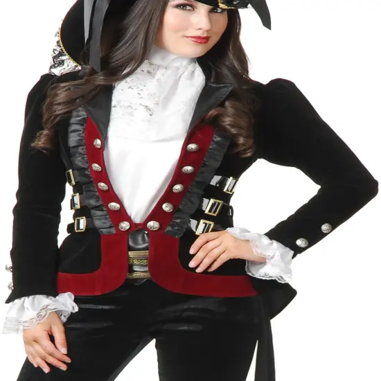 Womens Sultry Pirate Lady Black And Wine Velvet Captain Costume Jacket Coat {1}