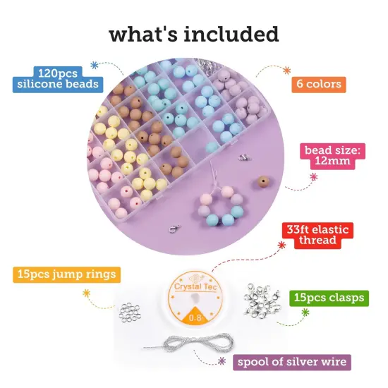 Incraftables Silicone Beads for Keychain making 120pcs Kit (6 Colors). Bulk Rubber beads for Kids & Adults. 12mm Silicone Beads for Jewelry Making with Elastic String, Silver Wire, Clasps & Organizer {3}